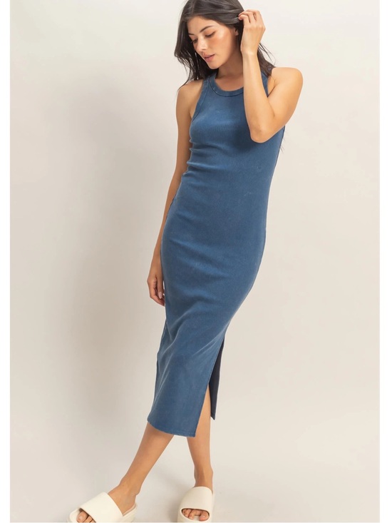 Double Zero Dresses & Skirts - NEW Double Zero Navy Blue Ribbed Slit Midi Tank Dress Acid Wash Small